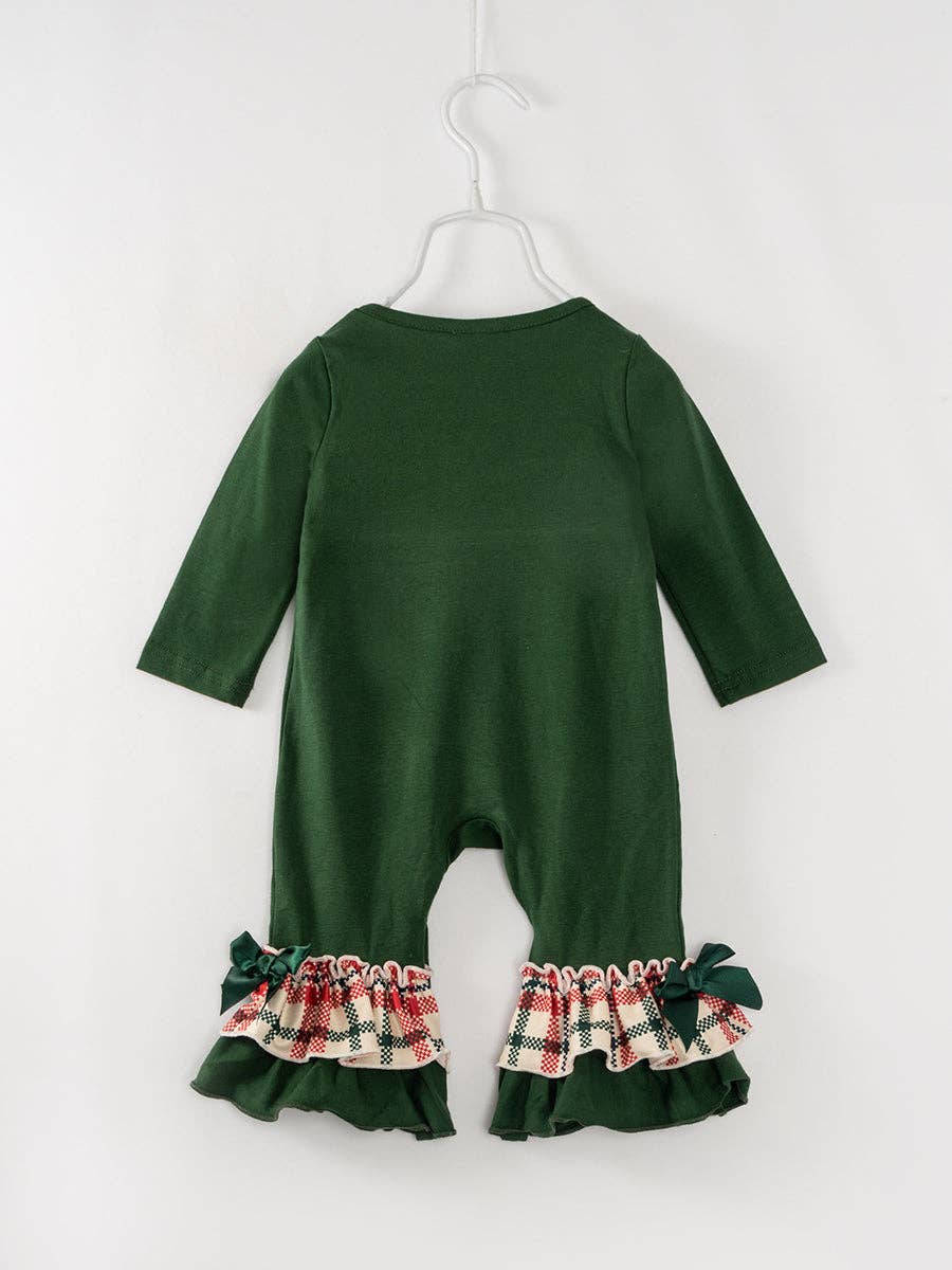 Holiday Green Ruffles and Smocked Baby Girl Romper