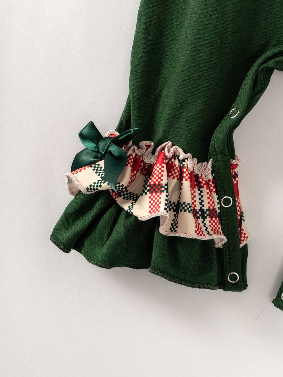 Holiday Green Ruffles and Smocked Baby Girl Romper