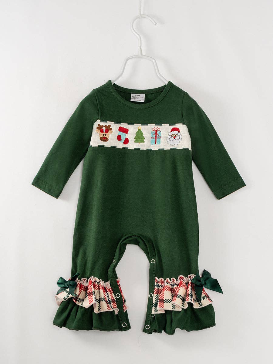 Holiday Green Ruffles and Smocked Baby Girl Romper