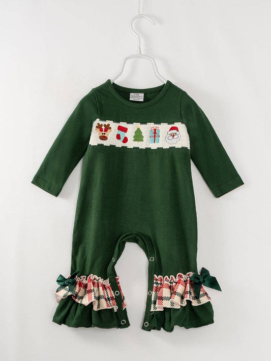 Holiday Green Ruffles and Smocked Baby Girl Romper